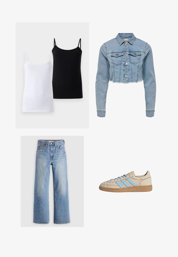 Kuttet denimjakke i lys blå. Har klassisk krage, knappet front, to brystlommer og frynset nederkant. Laget av myk bomull.; To tanke, en hvit og en svart, laget av myk bomull. Hver har tynne stropper og et enkelt, glatt design.; Lys blå denim vidbenede jeans med høj talje, falmede områder, fem lommer og kontraststikning. Klassisk knap- og lynlåslukning.; Beige sneakers med teksturert strikket overdel, lyseblå striper og brun gummisåle. Har runde snører og logo detalj på siden.