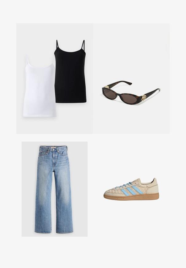 Cropped denim jacket in light blue. Features a classic collar, buttoned front, two chest pockets, and frayed hem. Made of soft cotton.; Two tank tops, one white and one black, made of soft cotton. Each features thin straps and a simple, smooth design.; Light blue denim wide-leg jeans with a high waist, faded areas, five pockets, and contrast stitching. Classic button and zipper closure.; Beige sneaker with a textured knit upper, light blue stripes, and brown rubber sole. Features round laces and logo detail on the side.; Tortoiseshell sunglasses with elongated oval lenses, brown tint, gold logo accents on temples, and sleek black arms.