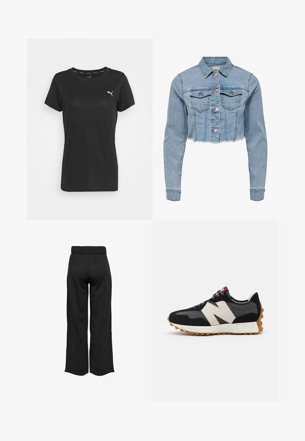 Lühendatud denimpukk kerge sinise värviga. Omab klassikalist kraed, nööbitavat eesmist osa, kahte rinna taskut ja kulunud serva. Valmistatud pehmest puuvillast.; Mustale lühikese varrukaga T-särk ümaral kaelusel, valmistatud tekstureeritud kangast. Vasakul rinnal on väike valge Puma logo.; Mustad, laiad püksid elastse vöökohtaga, valmistatud siledast kangast. Omab lihtsat disaini, ilma taskute või nähtavate õmbluste detailideta.; Mustmust ja halli nubukist tennisajal on suur kreemjas "N" logo, lilla paelad ja tekstureeritud kummist välispohja.