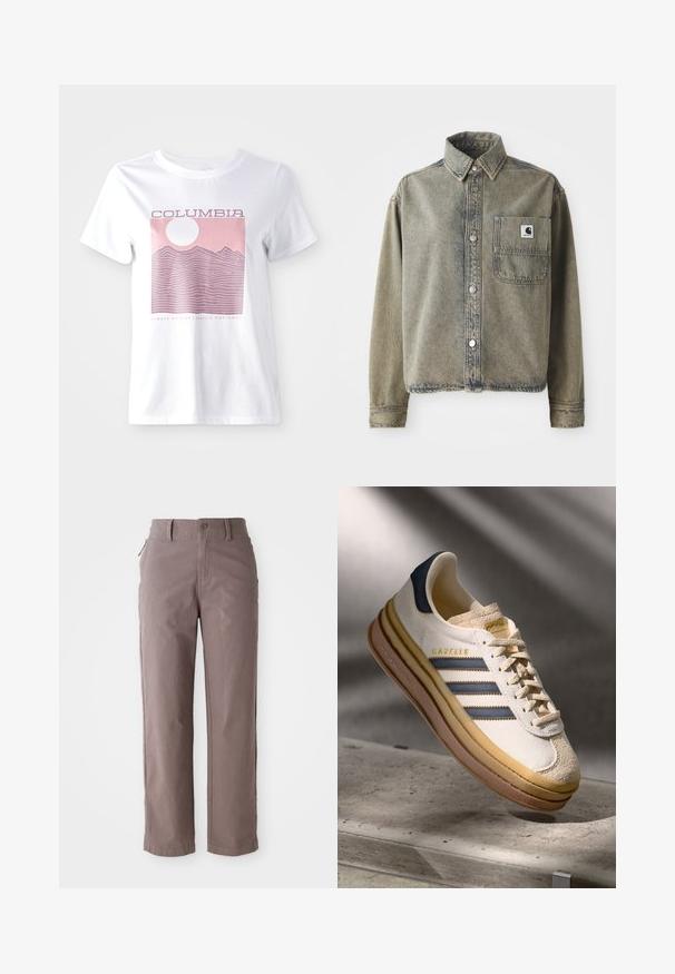 Vahajasinist lõngas heledas pruunis teksapaita, esipocket, hõbedased nupud ja kraega kaelus. Tekstuuriga kangas, millel on peened variatsioonid.; Valge puuvillane T-särk, millel on roosa mägigraafika, päike ning tekst "COLUMBIA" ja "ALATI VÄLJAS | TAASTUV KIRDE."; Pruunist puuvillast valmistatud twill-püksid sirge jala lõikega, ees nööbiga kinnitamisega ja küljetaskutega, sileda tekstuuriga ja puhaste joontega.; Adidas Gazelle tennis, mille kreemjas nubukist ülemine osa, sinised nahkdetailid, kolm sinist triipu, beež vaheosa ja pruun kummipohjaga.