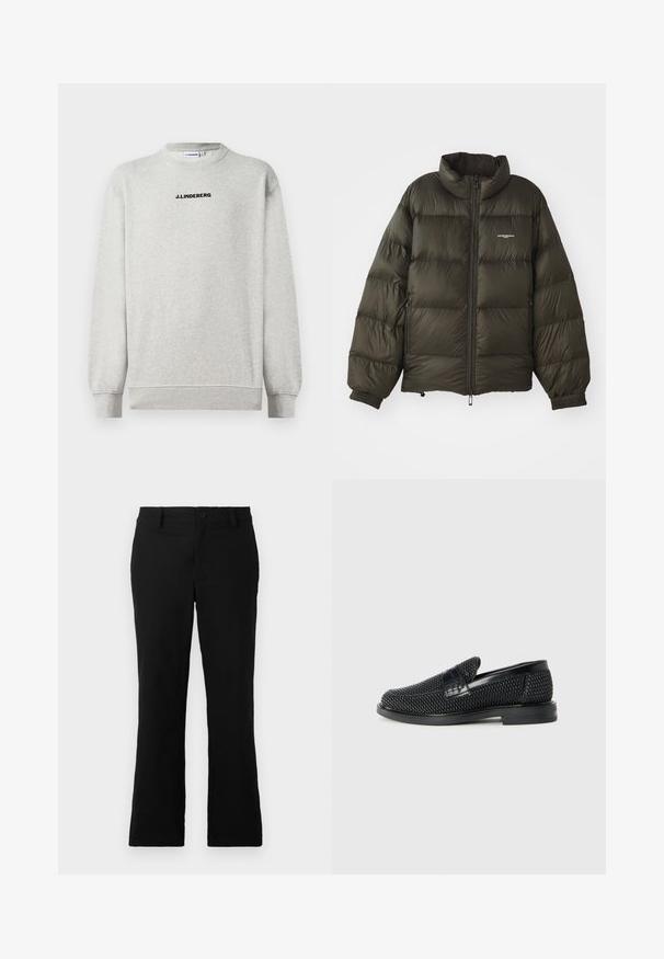 Manteau rembourré vert foncé avec un col haut, fermeture éclair, poignets élastiques et poches latérales. Présente une texture matelassée et un branding minimal.; Sweat à col rond à manches longues gris clair avec des poignets et un ourlet côtelés, présentant le texte noir "J.LINDEBERG" centré sur la poitrine.; Pantalons évasés noirs en tissu mélangé coton, dotés d'une fermeture à bouton, de passants de ceinture et d'une texture lisse sans motifs visibles.; Chaussure slip-on tissée noire avec un accent en cuir lisse sur le dessus, un design à bout rond et une semelle en caoutchouc à profil bas.
