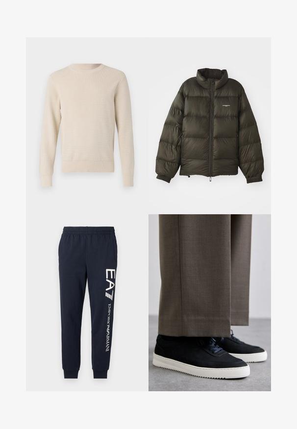 Tmavozelená prešívaná bunda s vysokým golierom, zipsom, elastickými manžetami a bočnými vreckami. Vyznačuje sa prešívanou textúrou a minimálnym brandingom.; Béžový pletený sveter s texturovaným vzorom, okrúhlym výstrihom a rebrovanými manžetami a lemom. Klasický strih s dlhými rukávmi.; Námornícke modré bavlnené jogger nohavice s elastickým pásom, zúženými nohami a kontrastnými bielymi logami EA7 a Emporio Armani potlačenými po boku.; Čierne semišové tenisky s bielymi gumovými podrážkami, s okrúhlym prstom a šnúrkami, nosené s šedými vypracovanými nohavicami.