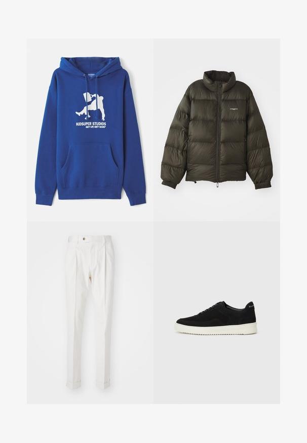 Chaqueta acolchada verde oscuro con cuello alto, cierre de cremallera, puños elásticos y bolsillos laterales. Presenta una textura acolchada y un branding mínimo.; Sudadera azul de mezcla de algodón, con un bolsillo canguro frontal, cordones y una impresión gráfica blanca con el nombre de la marca y el eslogan.; Pantalones blancos, ajustados, con un frente plano, dos pliegues y puños enrollados. Hechos de una tela suave con un cierre de botón en la cintura.; Zapatilla de ante negra con diseño de cordones y suela de goma blanca contrastante. Presenta paneles laterales texturizados y un sutil logo en el talón.