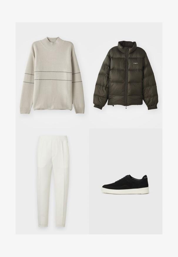 Tmavě zelená péřová bunda s vysokým límcem, zipovým zapínáním, elastickými manžetami a bočními kapsami. Disponuje prošívanou strukturou a minimalistickým brandingem.; Světlobéžový pletený svetr s vysokým žebrovaným límcem, s černými horizontálními pruhy, dlouhými rukávy a volným střihem.; Bílé kalhoty úzkého střihu s elastickým pasem, vybavené dvěma bočními kapsami a hladkou, mírně lesklou texturou.; Černé semišové tenisky s krajkovým designem a kontrastní bílou gumovou podrážkou. Obsahují texturované boční panely a jemné branding na patě.
