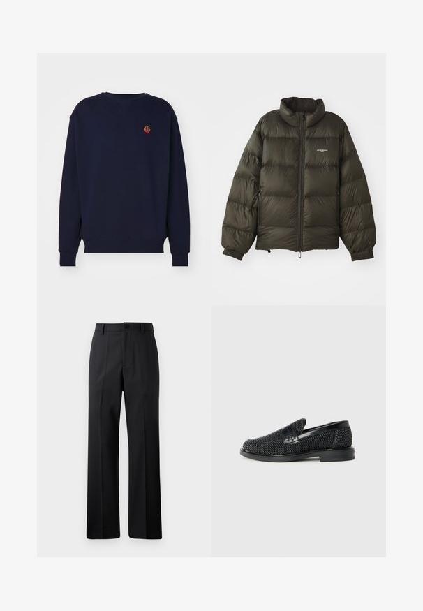 Tume roheline pühi jakk kõrge kraega, lukuga kinnitamine, elastsed mansetid ja küljetaskud. Omab tikanditud tekstuuri ja minimaalset brändingut.; Tumed sinine särk ümmarguse kaelusega, pikkade varrukatega ja soonikkudeviimistlusega. Ees on väike tikand.; Mustad mustad varrukatega püksid, millel on vöökohad, ees nupp ja tõmblukk, esitatud lihtsa valge taustaga.; Must musta kootud slip-on king, millel on pehme nahast accent ülaserval, ümmargune varvas ja madal profiiliga kummitald.