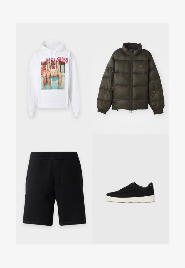 Donkergroene pufferjack met een hoge kraag, ritssluiting, elastische manchetten en zijzakken. Beschikt over een gestikte textuur en minimale branding.; Witte hoodie met een voorkantafdruk van twee zittende figuren bij een zwembad. Het ontwerp bevat rode tekst met merk- en artiestgegevens.; Zwarte sportshorts van zacht materiaal; voorzien van een elastische tailleband, twee zijzakken en contrasterende stiksels.; Zwarte suède sneakers met vetersluiting en contrasterende witte rubberen zool. Voorzien van textuurpanelen aan de zijkanten en subtiele branding op de hiel.