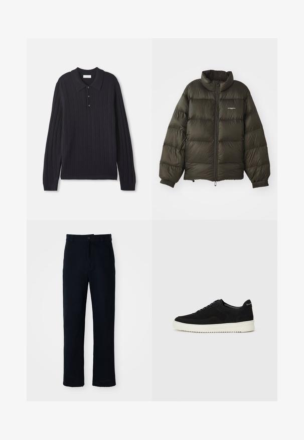 Dunkelgrüne Pufferjacke mit hohem Kragen, Reißverschluss, elastischen Bündchen und Seitentaschen. Verfügt über eine gesteppten Textur und minimalistische Markenkennzeichnung.; Dunkelblaues langärmliges Strickpolo mit drei Knöpfen und Rippbündchen, das ein strukturiertes vertikales Streifenmuster aufweist.; Dunkelblaue Baumwollhosen mit geradem Bein, einem Frontknopfverschluss und einem klassischen Bund mit Gürtelschlaufen.; Schwarze Wildleder-Sneaker mit Schnürdesign und kontrastierender weißer Gummisohle. Verfügt über strukturierte Seitenpaneele und dezentes Branding an der Ferse.