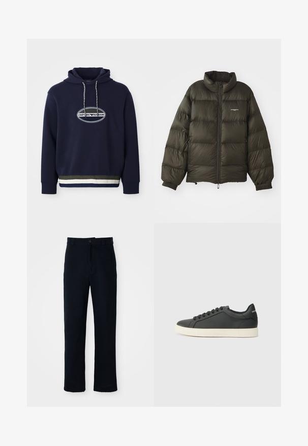 Jachetă pufosă de culoare verde închis, cu guler înalt, închidere cu fermoar, manșete elastice și buzunare laterale. Prezintă o textură matlasată și un branding minimal.; Hanorac bleumarin cu logo brodat într-un patch oval. Dispune de un guler cu șnur și un tiv texturat cu benzi contrastante.; Pantaloni bleumarin din bumbac, cu un design drept, închidere frontală cu nasture și talie clasică cu bucle pentru curea.; Sneaker din piele neagră cu profil joasă, vârf rotunjit și închidere cu șireturi; caracteristici o talpă din cauciuc texturat și detaliu cu logo pe toc.