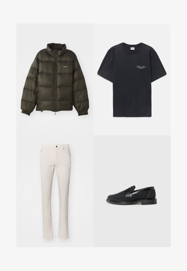 Dark green puffer jacket with a high collar, zip closure, elastic cuffs, and side pockets. Features a quilted texture and minimal branding.; Black short-sleeve crew neck t-shirt with small white "Filling Pieces" text logo on the left chest.; Beige straight-leg jeans made from cotton blend fabric. Features traditional five-pocket design and metal button closure at waistband.; Black woven slip-on shoe with a smooth leather accent on the upper, a round toe design, and a low-profile rubber sole.