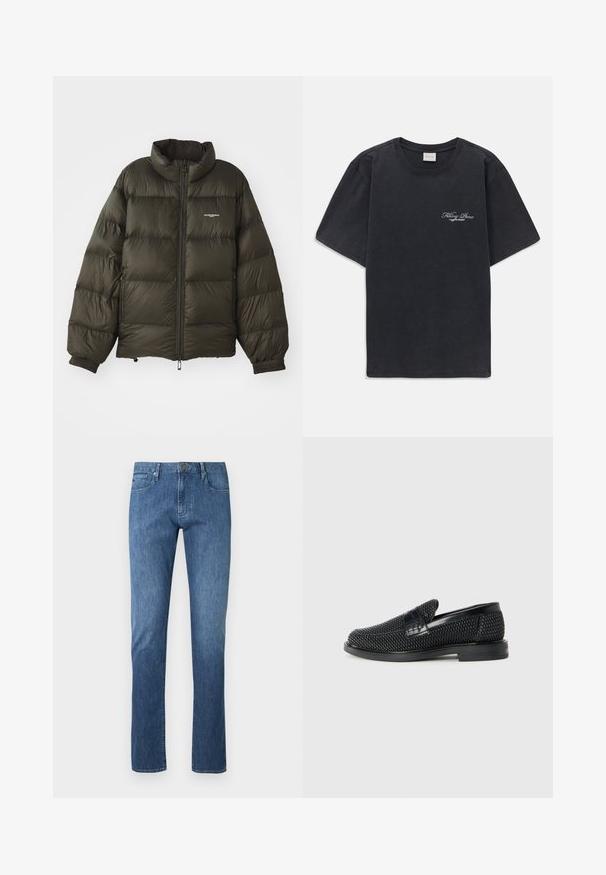 Temno zelena napihnjena jakna z visokim ovratnikom, zadrgo, elastiko na manšetah in stranskimi žepi. Ima prešito teksturo in minimalno oznako.; Črna majica s kratkimi rokavi in okroglo ovratnikom, z majhnim belim logotipom "Filling Pieces" na levi strani prsnega dela.; Modre kavbojke iz jeansa, s prerezom na ravne hlačnice, v stilu s petimi žepi, z rahlim bledenjem na sprednji strani, z zapiranjem na kovinski gumb, z všitki in klasičnim zaključkom.; Črne pletene zavezane čevlje s gladkim usnjenim poudarkom na zgornjem delu, okroglo zasnovo nosu in nizkoprofilsko gumijasto podplat.