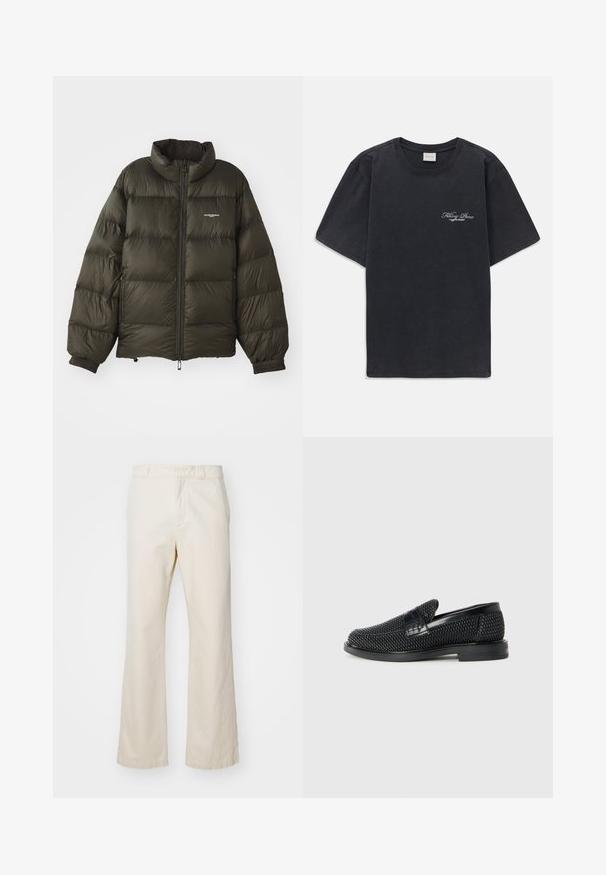Dark green puffer jacket with a high collar, zip closure, elastic cuffs, and side pockets. Features a quilted texture and minimal branding.; Black short-sleeve crew neck t-shirt with small white "Filling Pieces" text logo on the left chest.; Beige cotton trousers with a straight-leg design, featuring a front zipper and button closure, smooth texture, and minimalistic style.; Black woven slip-on shoe with a smooth leather accent on the upper, a round toe design, and a low-profile rubber sole.