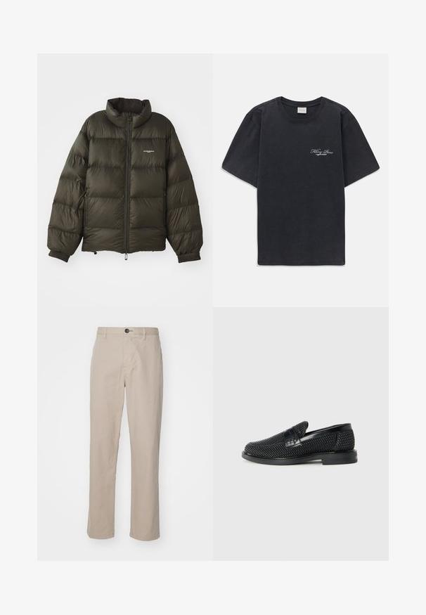 Tmavozelená prešívaná bunda s vysokým golierom, zipsom, elastickými manžetami a bočnými vreckami. Vyznačuje sa prešívanou textúrou a minimálnym brandingom.; Čierne tričko s krátkym rukávom a okrúhlym výstrihom s malým bielym textovým logom "Filling Pieces" na ľavej hrudi.; Béžové rovné nohavice z ľahkej tkaniny s gombíkovým zapínaním a jemnými detailmi šitia. Hladký predný diel s bočnými vreckami.; Čierne tkané slip-on topánky s hladkým koženým akcentom na vrchnej časti, s okrúlym dizajnom špičky a nízkoprofilovou gumovou podrážkou.