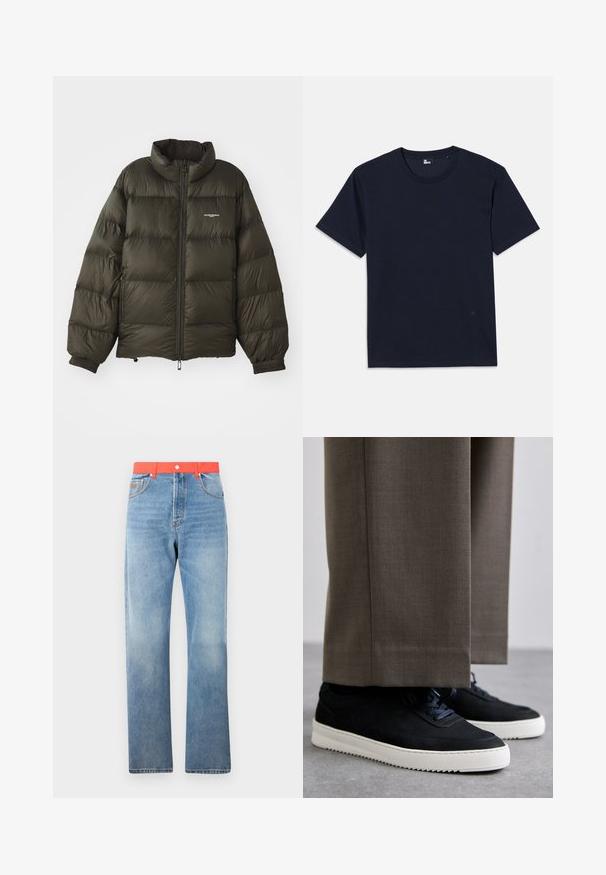 Mörkgrön puffjacka med hög krage, dragkedja, elastiska ärmslut och sidofickor. Har en quiltad textur och minimal varumärkesinformation.; Mörkblå bomulls t-shirt med korta ärmar, rund halsringning och minimala sömnadsdetaljer. Enkel design utan synliga mönster eller accent.; Ljusblå denimjeans med rak skärning, med en stark röd midja och standard knäppning med knapp och dragkedja.; Svarta mockaskor med vita gummi-sulor, med rund tå och snören, bärs tillsammans med grå skräddarsydda byxor.