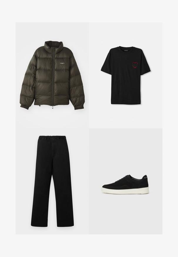 Jachetă pufosă de culoare verde închis, cu guler înalt, închidere cu fermoar, manșete elastice și buzunare laterale. Prezintă o textură matlasată și un branding minimal.; Tricou din bumbac negru cu mâneci scurte, având un design brodat cu inimă roșie pe partea stângă a pieptului. Guler clasic în stil crew, croială lejeră.; Pantaloni negri dintr-un material neted, cu o croială lejeră. Prezintă un elastic în talie cu închidere prin buton și picioare drepte.; Adidași negri din suede cu design cu șireturi și talpă din cauciuc alb contrastant. Prezintă panouri laterale texturate și branding subtil pe toc.