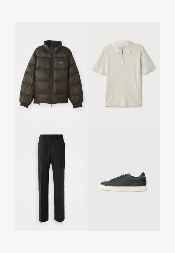 Temno zelena napihnjena jakna z visokim ovratnikom, zadrgo, elastiko na manšetah in stranskimi žepi. Ima prešito teksturo in minimalno oznako.; Polo majica s kratkimi rokavi v svetlo bež barvi z zadrgo pri ovratniku. Narejena iz gladkega materiala, ima preprost, sodoben dizajn brez vzorcev.; Črne hlače z ravnim krojem, izdelane iz gladkega materiala. Imajo ravno pasnico in brez vidnih vzorcev ali okraskov.; Črne usnjene superge z nizkim profilom, okroglo špičko in vezalkami; vsebujejo teksturiran gumijast podplat in detajl z logotipom na peti.