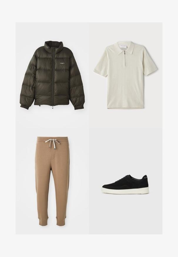 Mørkegrøn pufferjakke med høj krave, lynlås foran, elastiske manchetter og sidelommer. Har en quiltet struktur og minimal branding.; Kortærmet polo shirt i lys beige med lynlås-krave. Fremstillet af glat stof, med et enkelt, moderne design uden mønstre.; Lysbrune joggerbukser med elastisk talje, hvide og brune snore, sidelommer og afsluttede ankler på hvid baggrund.; Sort ruskinds sneaker med snørebånd og kontrasterende hvid gummisål. Har teksturerede sidepaneler og diskret branding på hælen.