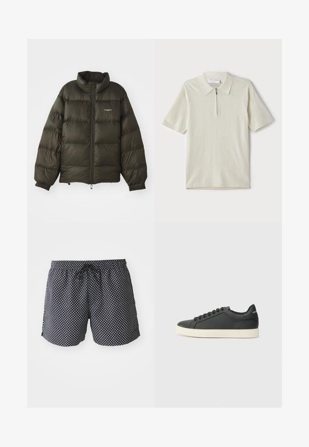 Dunkelgrüne Pufferjacke mit hohem Kragen, Reißverschluss, elastischen Bündchen und Seitentaschen. Verfügt über eine gesteppten Textur und minimalistische Markenkennzeichnung.; Kurzärmliges Poloshirt in hellbeige mit Reißverschlusskragen. Hergestellt aus glattem Stoff, bietet es ein einfaches, modernes Design ohne Muster.; Schwarze Badehosen mit einem weißen kreisförmigen Muster, elastischem Bund mit Kordelzug und einem lockeren Schnitt für zusätzlichen Komfort.; Schwarze Ledersneaker mit niedrigem Profil, abgerundeter Zehe und Schnürverschluss; ausgestattet mit einer strukturierten Gummisohle und Logo-Detail an der Ferse.