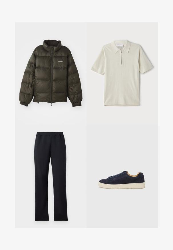 Tmavě zelená péřová bunda s vysokým límcem, zipovým zapínáním, elastickými manžetami a bočními kapsami. Disponuje prošívanou strukturou a minimalistickým brandingem.; Pánská polo košile s krátkým rukávem v světlé béžové barvě, s límcem na zip. Vyrobena z hladkého materiálu, s jednoduchým, moderním designem bez vzorů.; Černé teplákové kalhoty rovného střihu s elastickým pasem, vystavené na bílem pozadí.; Námořnické semišové nízké tenisky s kulatou špičkou, krémovou gumovou podrážkou a odpovídajícími tkaničkami; obsahují kontrastní hnědou podšívku.