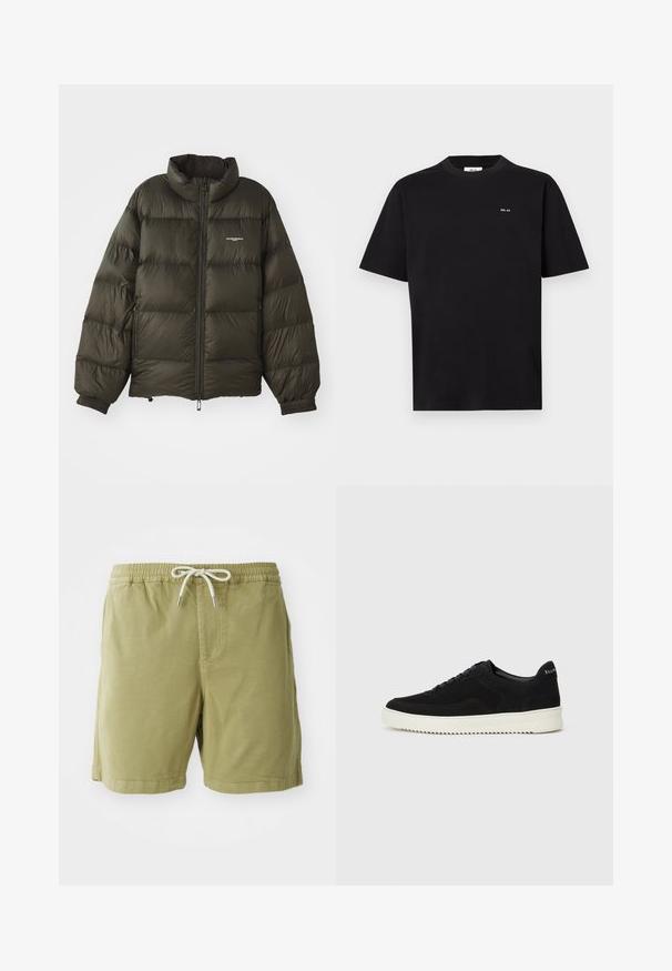 Mørkegrøn pufferjakke med høj krave, lynlås foran, elastiske manchetter og sidelommer. Har en quiltet struktur og minimal branding.; Sort kortærmet t-shirt med rund hals, med lille hvid "NN. 07" logo på venstre bryst, præsenteret på en hvid baggrund.; NN.07 GREGOR - Shorts - green; Sort ruskinds sneaker med snørebånd og kontrasterende hvid gummisål. Har teksturerede sidepaneler og diskret branding på hælen.