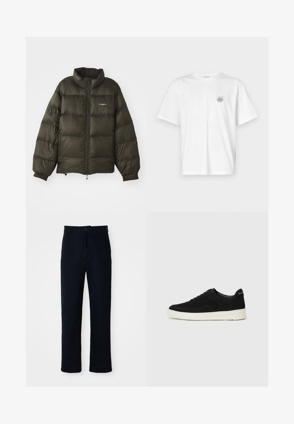 Chaqueta acolchada verde oscuro con cuello alto, cierre de cremallera, puños elásticos y bolsillos laterales. Presenta una textura acolchada y un branding mínimo.; Camiseta blanca de algodón con mangas cortas, cuello redondo y un pequeño logo gris en el lado izquierdo del pecho. Textura suave.; Pantalones azul marino de algodón, con un diseño de pierna recta, cierre frontal de botón y una cintura clásica con pasadores para cinturón.; Zapatilla de ante negra con diseño de cordones y suela de goma blanca contrastante. Presenta paneles laterales texturizados y un sutil logo en el talón.