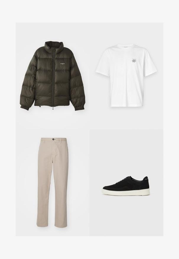 Dark green puffer jacket with a high collar, zip closure, elastic cuffs, and side pockets. Features a quilted texture and minimal branding.; White t-shirt made of cotton featuring short sleeves, a crew neck, and a small gray logo on the left chest area. Smooth texture.; Beige straight-leg trousers in lightweight fabric, featuring a button closure and subtle stitching details. Flat front with side pockets.; Black suede sneaker with lace-up design and contrasting white rubber sole. Features textured side panels and subtle branding on the heel.