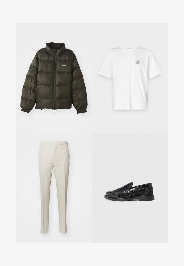 Sötétzöld puffdzseki magas gallérral, cipzáras záródással, elasztikus mandzsettákkal és oldalsó zsebekkel. Steppelt textúrával és minimális logóval rendelkezik.; Fehér pamut póló rövid ujjakkal, kerek nyakkal, és egy kis szürke logóval a bal mellrészen. Sima tapintású.; Tiger of Sweden TENUTA - Nadrágok - cream sand; Fekete szőtt slip-on cipő sima bőr díszítéssel a felsőrészen, kerek orral és alacsony profilos gumitalppal.