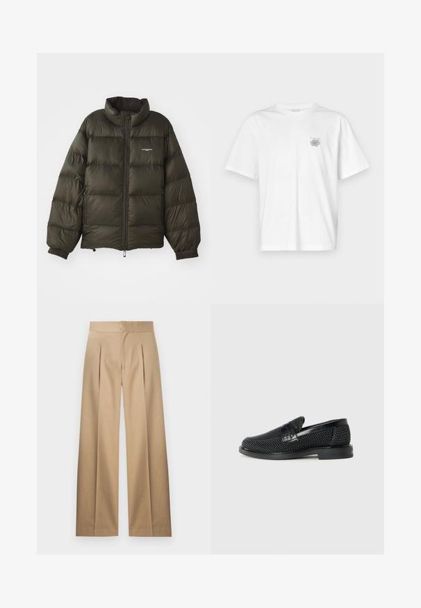 Manteau rembourré vert foncé avec un col haut, fermeture éclair, poignets élastiques et poches latérales. Présente une texture matelassée et un branding minimal.; T-shirt blanc en coton avec des manches courtes, un col ras du cou et un petit logo gris sur la partie gauche de la poitrine. Texture lisse.; Pantalons larges beiges avec un devant plissé, un design ajusté et un tissu en coton lisse. Présente une taille plate et aucun système de fermeture visible.; Chaussure slip-on tissée noire avec un accent en cuir lisse sur le dessus, un design à bout rond et une semelle en caoutchouc à profil bas.