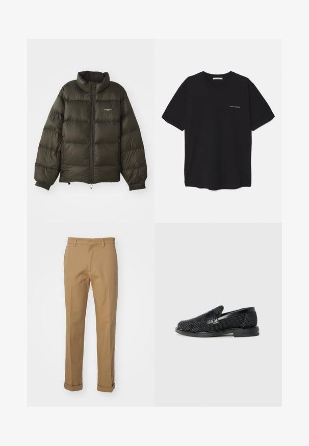 Dark green puffer jacket with a high collar, zip closure, elastic cuffs, and side pockets. Features a quilted texture and minimal branding.; Black cotton T-shirt with a crew neck, short sleeves, and a white logo print on the left chest. Simple, solid color design.; Brown cotton trousers with a straight cut, featuring a rolled hem, two front pockets, and a smooth texture.; Black woven slip-on shoe with a smooth leather accent on the upper, a round toe design, and a low-profile rubber sole.
