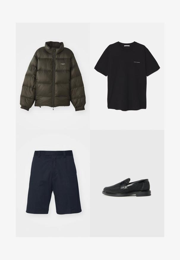 Dark green puffer jacket with a high collar, zip closure, elastic cuffs, and side pockets. Features a quilted texture and minimal branding.; Black cotton T-shirt with a crew neck, short sleeves, and a white logo print on the left chest. Simple, solid color design.; Black shorts made of a smooth fabric, featuring a flat front, belt loops, and knee-length design with no visible patterns or hardware.; Black woven slip-on shoe with a smooth leather accent on the upper, a round toe design, and a low-profile rubber sole.