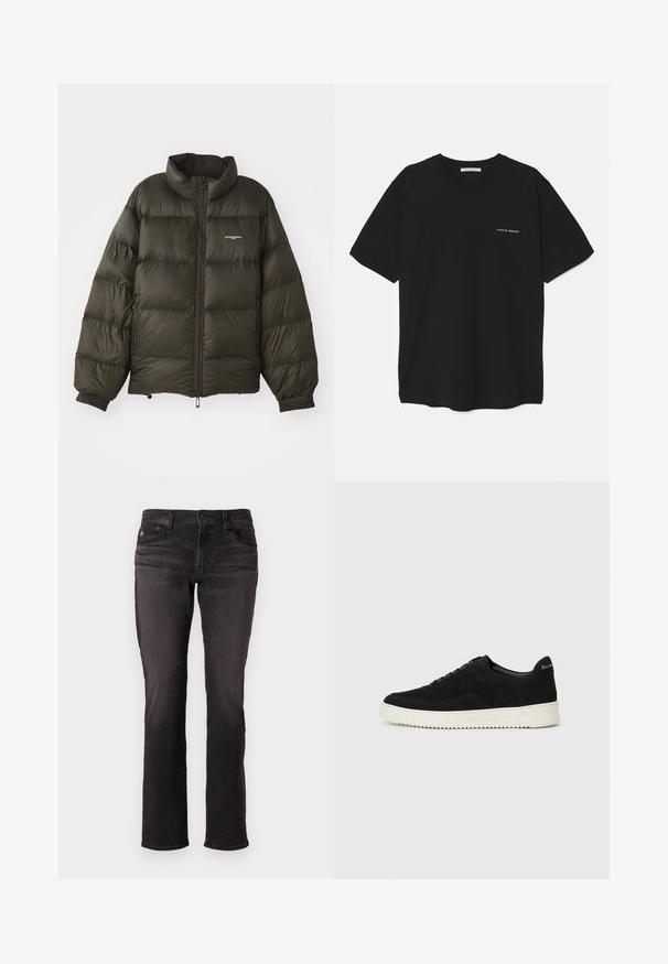 Tume roheline pühi jakk kõrge kraega, lukuga kinnitamine, elastsed mansetid ja küljetaskud. Omab tikanditud tekstuuri ja minimaalset brändingut.; Must musta T-särk, ümar kaelus, lühikesed varrukad ja valge logo trükk vasakul rinnal. Lihtne, ühtlane värvitoon.; Mustad teksased otse sääre disainiga, viie taskuga stiil ja nupuga sulgemine. Silumine tekstuur nagu uuel, minimaalne pleekimine, mustreid pole.; Mustad suede jooksujalatsid, millel on paelad ja kontrastne valge kummitald. Omab tekstuuriga külgpaneele ja tagasihoidlikku brändimist kandadel.