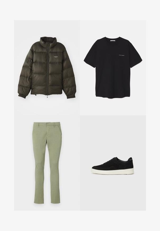 Chaqueta acolchada verde oscuro con cuello alto, cierre de cremallera, puños elásticos y bolsillos laterales. Presenta una textura acolchada y un branding mínimo.; Camiseta de algodón negra con cuello redondo, mangas cortas y un estampado de logo blanco en el lado izquierdo del pecho. Diseño simple y de color sólido.; Chinos verde claro con un corte Slim, fabricados en una tela suave. Presentan un frente plano, dos bolsillos laterales y una cinturilla clásica sin adornos.; Zapatilla de ante negra con diseño de cordones y suela de goma blanca contrastante. Presenta paneles laterales texturizados y un sutil logo en el talón.