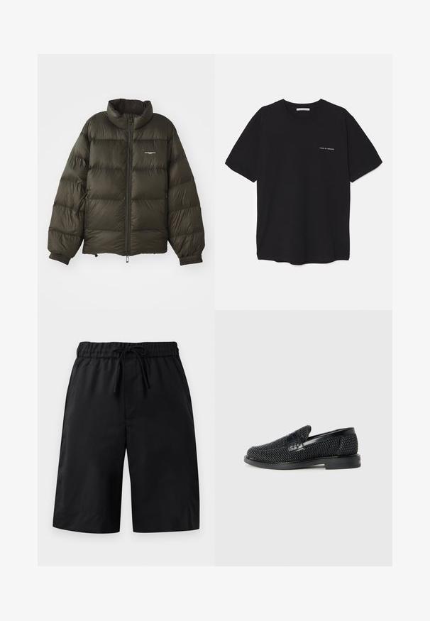 Dark green puffer jacket with a high collar, zip closure, elastic cuffs, and side pockets. Features a quilted texture and minimal branding.; Black cotton T-shirt with a crew neck, short sleeves, and a white logo print on the left chest. Simple, solid color design.; Black shorts with an elastic waistband and drawstring. Features a smooth texture and loose fit. Simple design without pockets or embellishments.; Black woven slip-on shoe with a smooth leather accent on the upper, a round toe design, and a low-profile rubber sole.