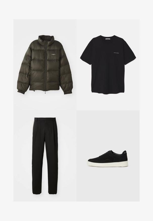 Dark green puffer jacket with a high collar, zip closure, elastic cuffs, and side pockets. Features a quilted texture and minimal branding.; Black cotton T-shirt with a crew neck, short sleeves, and a white logo print on the left chest. Simple, solid color design.; Black tailored trousers with a straight-cut design, featuring a flat front and a smooth, woven fabric texture.; Black suede sneaker with lace-up design and contrasting white rubber sole. Features textured side panels and subtle branding on the heel.