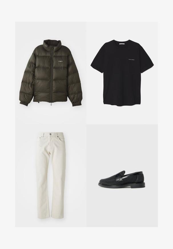 Jachetă pufosă de culoare verde închis, cu guler înalt, închidere cu fermoar, manșete elastice și buzunare laterale. Prezintă o textură matlasată și un branding minimal.; Tricou din bumbac negru, cu guler rotund, mâneci scurte și un imprimeu alb cu logo pe partea stângă a pieptului. Design simplu, de culoare uniformă.; Jeans bej deschis din bumbac, cu un design drept, stil cu cinci buzunare și închidere cu un buton metalic argintiu.; Pantofii negri din material textil, cu accent din piele netedă pe partea superioară, design cu vârf rotund și talpă din cauciuc de profil redus.