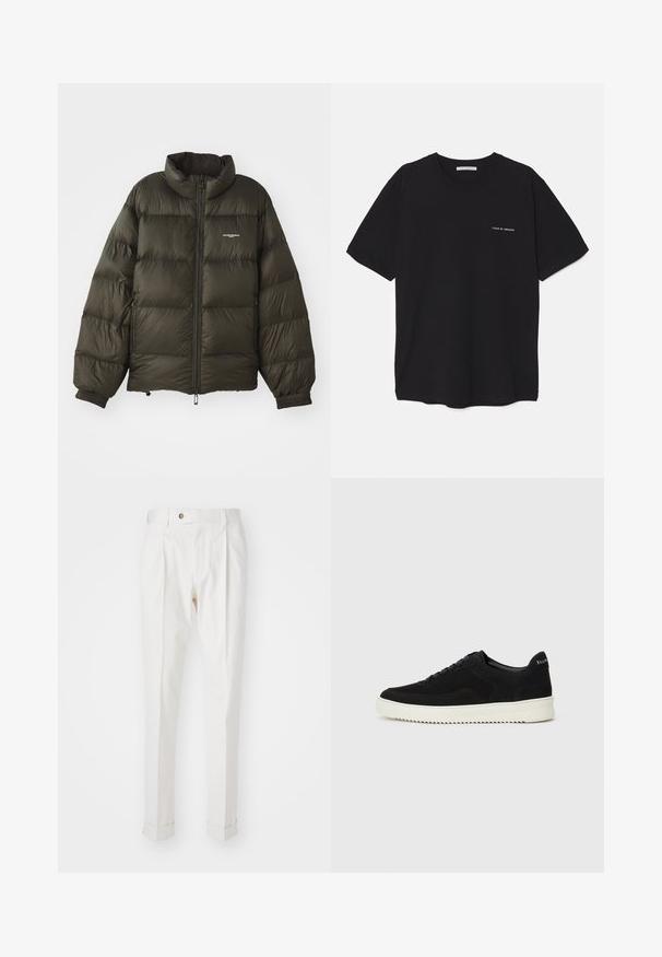 Dark green puffer jacket with a high collar, zip closure, elastic cuffs, and side pockets. Features a quilted texture and minimal branding.; Black cotton T-shirt with a crew neck, short sleeves, and a white logo print on the left chest. Simple, solid color design.; White, tailored trousers with a flat front, two pleats, and rolled cuffs. Made of a smooth fabric with a button closure at the waist.; Black suede sneaker with lace-up design and contrasting white rubber sole. Features textured side panels and subtle branding on the heel.