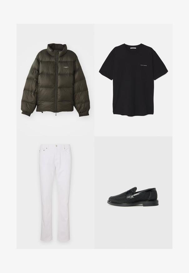 Tamnozeleni puf jakna s visokim ovratnikom, zatvaranjem na zip, elastičnim manžetama i bočnim džepovima. Ima prešanu teksturu i minimalno brendiranje.; Crna pamučna majica s okruglim izrezom, kratkim rukavima i bijelim logotipom otisnutim na lijevoj strani prsnog koša. Jednostavan dizajn u jednoj boji.; Bijele pamučne traperice s ravnim nogavicama, pet džepova, srebrnim detaljima i klasičnim zatvaranjem na dugme i patentni zatvarač.; Crne pletene cipele bez pertli s glatkim kožnim naglaskom na gornjem dijelu, s dizajnom okruglog nosa i niskoprofilnom gumenom đonom.