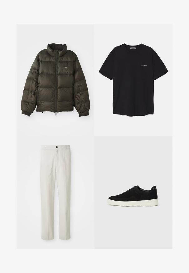 Jachetă pufosă de culoare verde închis, cu guler înalt, închidere cu fermoar, manșete elastice și buzunare laterale. Prezintă o textură matlasată și un branding minimal.; Tricou din bumbac negru, cu guler rotund, mâneci scurte și un imprimeu alb cu logo pe partea stângă a pieptului. Design simplu, de culoare uniformă.; Pantaloni bej cu picioare drepte, cu bucle pentru centură, nasture frontal și închidere cu fermoar, prezentate plate pe un fundal alb.; Adidași negri din suede cu design cu șireturi și talpă din cauciuc alb contrastant. Prezintă panouri laterale texturate și branding subtil pe toc.