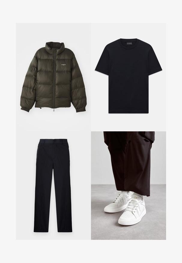 Temno zelena napihnjena jakna z visokim ovratnikom, zadrgo, elastiko na manšetah in stranskimi žepi. Ima prešito teksturo in minimalno oznako.; Črna kratka majica s kratkimi rokavi z okroglim izrezom, z diskretno embosirano logotipno zasnovo, ki je osredotočena na prsih, ter oznako blagovne znamke znotraj ovratnika.; Črne hlače iz lahke, teksturirane tkanine, ravne noge, elastičen pas in stranski žepki na zadrgo.; Beli visoki džemperi iz gladke kože imajo perforirani podrobnost na prstih, ploske bele vezalke in subtilen zlat poudarek na peti.