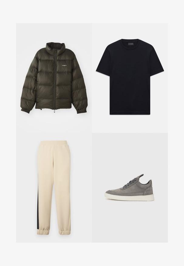 Sötétzöld puffdzseki magas gallérral, cipzáras záródással, elasztikus mandzsettákkal és oldalsó zsebekkel. Steppelt textúrával és minimális logóval rendelkezik.; Fekete, rövid ujjú, kerek nyakú póló, amelyen a mellkason finoman domború logó található, valamint egy márkás címke a nyakában.; Tejfehér színű sportnadrág fekete oldalsávokkal, rugalmas derékkal és bordázott mandzsettákkal. Puha anyag, lazább szabású.; Szürke velúr sportcipő struktúrált felülettel, fehér gumitalppal, kerek fűzőkkel és alacsony szárú dizájnnal.