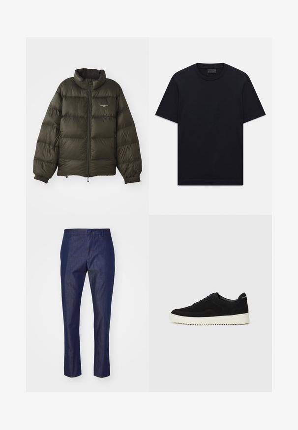 Giacca a vento verde scuro con colletto alto, chiusura zip, polsini elasticizzati e tasche laterali. Presenta una texture trapuntata e un branding minimale.; T-shirt nero a maniche corte con colletto a girocollo, dotato di un sottile motivo a rilievo al centro del petto e di un'etichetta di marca all'interno del colletto.; Pantaloni in denim blu scuro con un design a gamba dritta, chiusura a zip e passanti per cintura, caratterizzati da una texture liscia e un minimo dettaglio di cucitura.; Sneaker in suede nero con design con lacci e suola in gomma bianca a contrasto. Presenta pannelli laterali testurizzati e un marchio discreto sul tallone.