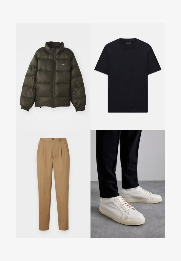 Chaqueta acolchada verde oscuro con cuello alto, cierre de cremallera, puños elásticos y bolsillos laterales. Presenta una textura acolchada y un branding mínimo.; Camiseta de cuello redondo de manga corta en negro con un sutil diseño de logo en relieve centrado en el pecho y una etiqueta de marca dentro del cuello.; Pantalones de tiro alto de color beige con corte recto, confeccionados en una tela suave. Cuentan con cierre de botón frontal y bolsillos laterales.; Zapatillas de cuero color beige claro con cordones planos, una superficie texturizada y una suela de goma color crema en contraste, combinadas con pantalones negros ajustados.