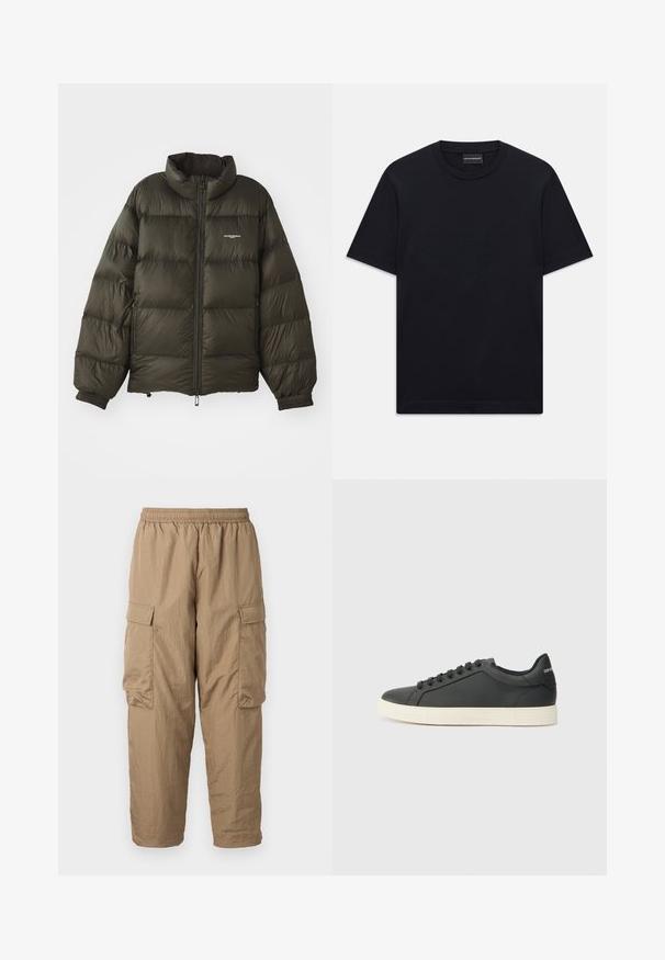 Tmavozelená prešívaná bunda s vysokým golierom, zipsom, elastickými manžetami a bočnými vreckami. Vyznačuje sa prešívanou textúrou a minimálnym brandingom.; Čierne tričko s krátkym rukávom a okrúhlym výstrihom so subtilným embosovaným logom umiestneným na hrudi a značkovou nálepkou vo vnútri goliera.; Khaki cargo nohavice s elastickým pásom, dvoma bočnými nákladovými vreckami, ľahkým, textúrovaným materiálom a voľným strihom s zúženými členkami.; Čierne kožené tenisky s nízkym profilom, zaoblenou špičkou a šnurovaním; obsahujú textúrovanú gumovú podrážku a logo na päte.