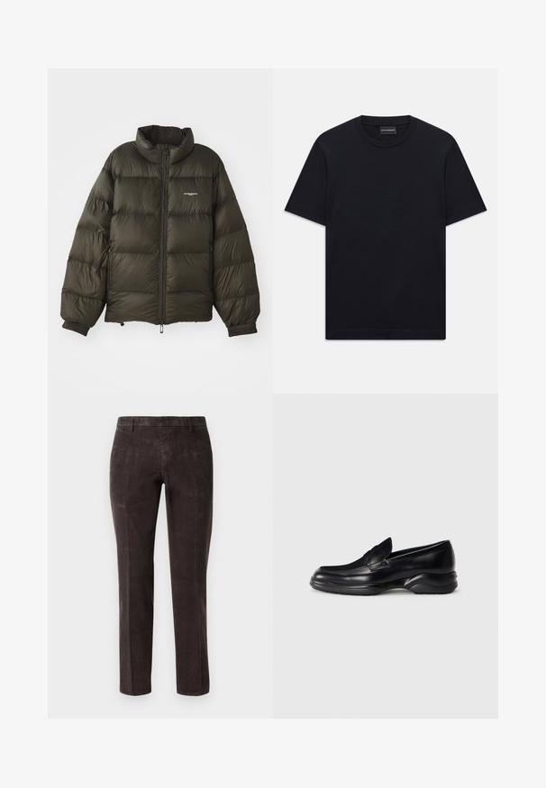 Giacca a vento verde scuro con colletto alto, chiusura zip, polsini elasticizzati e tasche laterali. Presenta una texture trapuntata e un branding minimale.; T-shirt nero a maniche corte con colletto a girocollo, dotato di un sottile motivo a rilievo al centro del petto e di un'etichetta di marca all'interno del colletto.; Pantaloni in corduroy marrone scuro con design a gamba dritta, caratterizzati da una texture liscia e un girovita standard. Nessun motivo visibile o dettagli hardware.; Mocassini in pelle nera con una suola in gomma testurizzata bassa e un design cucito sulla parte superiore. Presentano un punta arrotondata e decorazioni minime.
