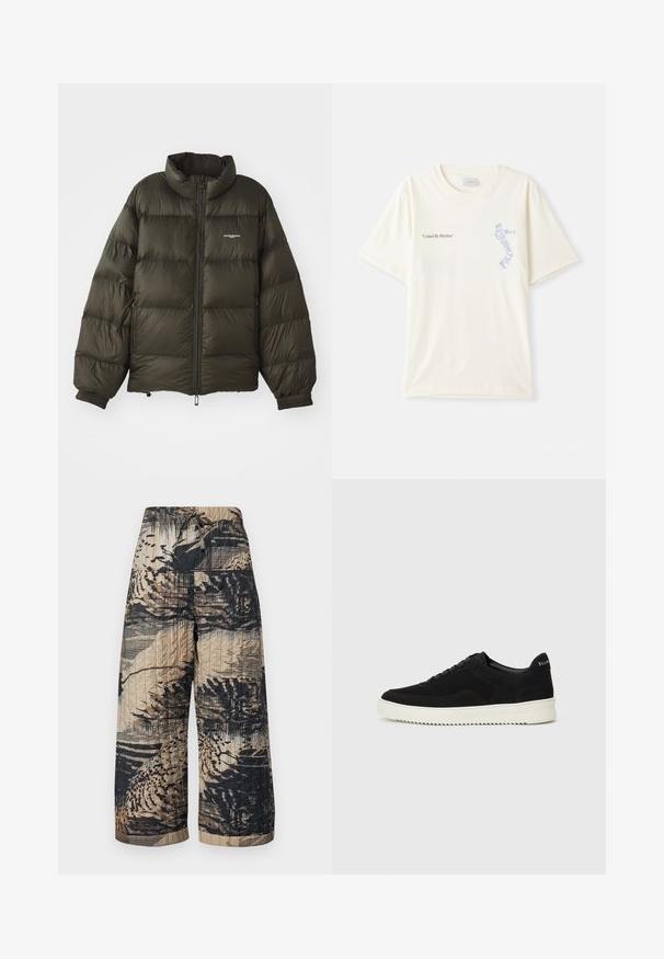 Jachetă pufosă de culoare verde închis, cu guler înalt, închidere cu fermoar, manșete elastice și buzunare laterale. Prezintă o textură matlasată și un branding minimal.; T-shirt alb din bumbac cu mâneci scurte, având textul „United By Rhythm” în grafică neagră și albastră pe piept. Design cu guler rotund.; Pantaloni largi matlasati in bej si negru cu modele abstracte si talie ajustabila cu snur. Suprafata texturata cu linii orizontale.; Adidași negri din suede cu design cu șireturi și talpă din cauciuc alb contrastant. Prezintă panouri laterale texturate și branding subtil pe toc.