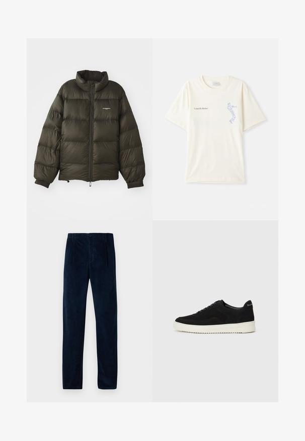 Jachetă pufosă de culoare verde închis, cu guler înalt, închidere cu fermoar, manșete elastice și buzunare laterale. Prezintă o textură matlasată și un branding minimal.; T-shirt alb din bumbac cu mâneci scurte, având textul „United By Rhythm” în grafică neagră și albastră pe piept. Design cu guler rotund.; Pantaloni din corduroy bleumarin cu pliuri frontale, bucle pentru centură, buzunare laterale și închidere cu buton și fermoar, expuși plat pe un fundal alb.; Adidași negri din suede cu design cu șireturi și talpă din cauciuc alb contrastant. Prezintă panouri laterale texturate și branding subtil pe toc.