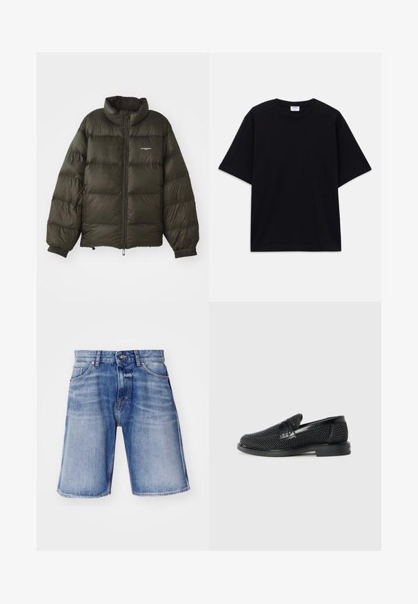 Tamsiai žalia pūkinė striukė su aukštu apykakle, užtrauktuku, elastingomis rankogaliais ir šoninėmis kišenėmis. Striukė su siuvinėjimo tekstūra ir minimalia ženklų etiketė.; Juodas trumpas rankovėmis per didelis marškinėliai su apvaliu iškirpimu ir matoma Filippa K prekės ženklo etiketė vidinėje apykaklės pusėje.; Šviesiai mėlyni džinsiniai šortai su išblukusiomis vietomis, mygtukų užsegimu, dviem priekiniams kišenėms ir kontrastingomis siūlėmis.; Juodas pintas slip-on tipo batelis su lygiu odiniu akcentu viršuje, apvalios nosies dizainas ir žemas guminis padas.