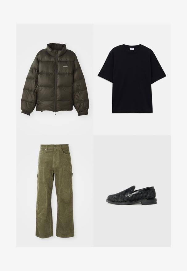 Dark green puffer jacket with a high collar, zip closure, elastic cuffs, and side pockets. Features a quilted texture and minimal branding.; Black short-sleeve oversized T-shirt with round neckline and visible Filippa K brand label inside the collar.; Olive green corduroy pants with front and side pockets, reinforced knee panels, and a button and zipper closure.; Black woven slip-on shoe with a smooth leather accent on the upper, a round toe design, and a low-profile rubber sole.