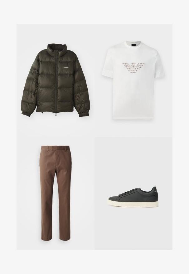 Tume roheline pühi jakk kõrge kraega, lukuga kinnitamine, elastsed mansetid ja küljetaskud. Omab tikanditud tekstuuri ja minimaalset brändingut.; Valge puuvillane T-särk lühikeste varrukatega ja ringkaelusega. Omab keskmist logo kujundust roosa ja pruuni värvitoonis.; Pruunid püksid, mis on kohandatud lõikega, tasase esipinnaga ja kahe küljetaskuga. Valmistatud siledast kangast, mille viimistlus on puhas ja ilma nähtavate mustriteta.; Mustmustest musta poolprofiiliga, ümmargune varvas ja paeltega sulgemine; omab tekstureeritud kummist tallat ja logo detaili kontsa peal.