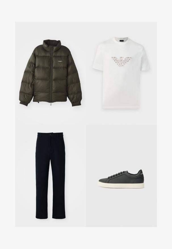 Mörkgrön puffjacka med hög krage, dragkedja, elastiska ärmslut och sidofickor. Har en quiltad textur och minimal varumärkesinformation.; Vit bomullströja med korta ärmar och rundad halsringning. Har en central logotypdesign i rosa och bruna nyanser.; Mörkblå bomullsbyxor med rak bendesign, frontknappstängning och klassisk midja med bälteshällor.; Svart lädersneaker med låg profil, rund tå och snörning; har en texturerad gummisula och logotypdetalj på hälen.