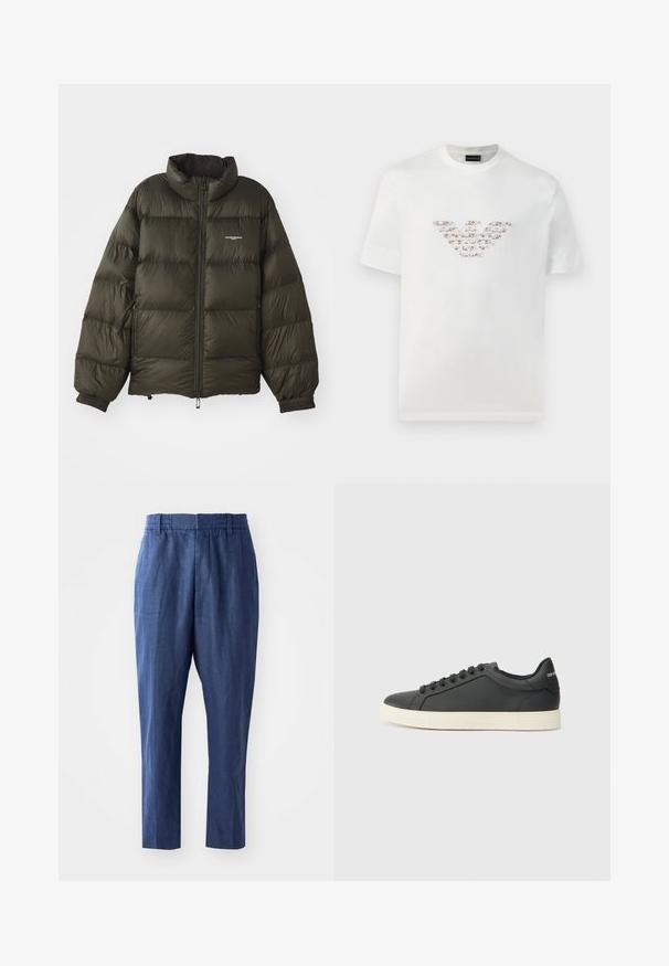 Tumši zaļš pūkains jaka ar augstu apkakli, rāvējslēdzēju, elastīgām aprocēm un sānu kabatām. Tam ir quilted (izšūta) tekstūra un minimāls zīmols.; Baltas kokvilnas T-krekls ar īsām piedurknēm un apaļu kakla izgriezumu. Iekļaujas centrāls logo dizains rozā un brūnos toņos.; Jūras zilas linīgas bikses ar brīvu piegriezumu, elastīgu jostu un konusveida kājām. Raksturīga gluda tekstūra un minimāla šuvju apdare.; Melna ādas kedas ar zemu profilu, noapaļotu purngalu un savelkamu aizdari; ar teksturētu gumijas zoli un logotipa detaļu uz papēža.